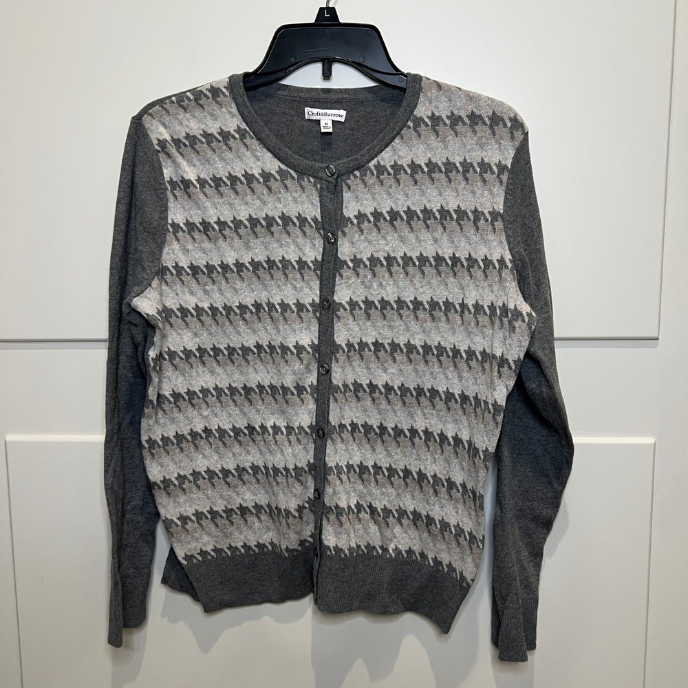 Croft & Barrow Women's Gray Houndstooth Print Knit Cardigan Sweater M Fall Work